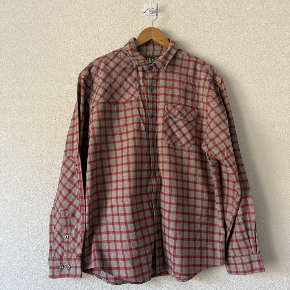 Howler Bros Button-Up Flannel Shirt Mens Size L Red Gray Plaid Long Sleeve